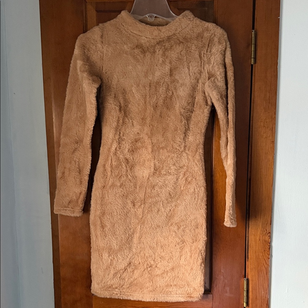 NEW Chic Tan Long Sleeve Faux Fur Dress